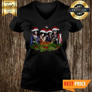 Official Merry Christmas Kiss Band American Flag V-Neck