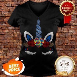 Nice Autism Awareness Unicorn Face Red Plaid Leopard Print Hearts V-neck