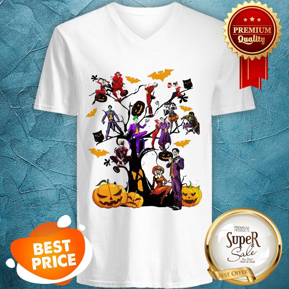 Pretty Joker And Harley Halloween Tree V-neck Pretty Joker And Harley Halloween Tree V-neck