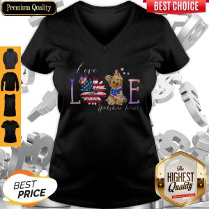 Yorkshire Terrier Live Love Paw Sunflower American Flag Veteran Independence Day V-neck