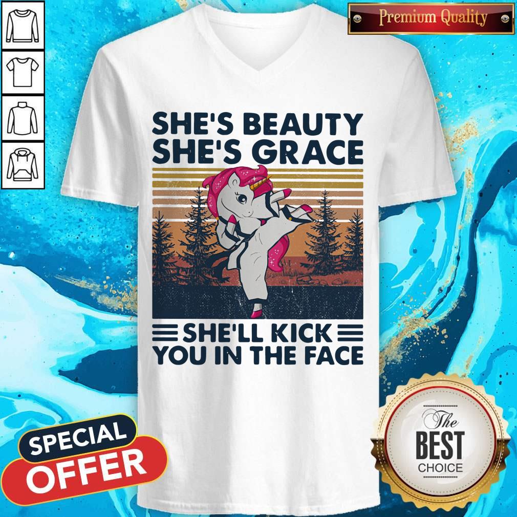 Unicorn Shes Beauty Shes Grace Shell Kick You In The Face Vintage Retro V-neck Unicorn Shes Beauty Shes Grace Shell Kick You In The Face Vintage Retro V-neck