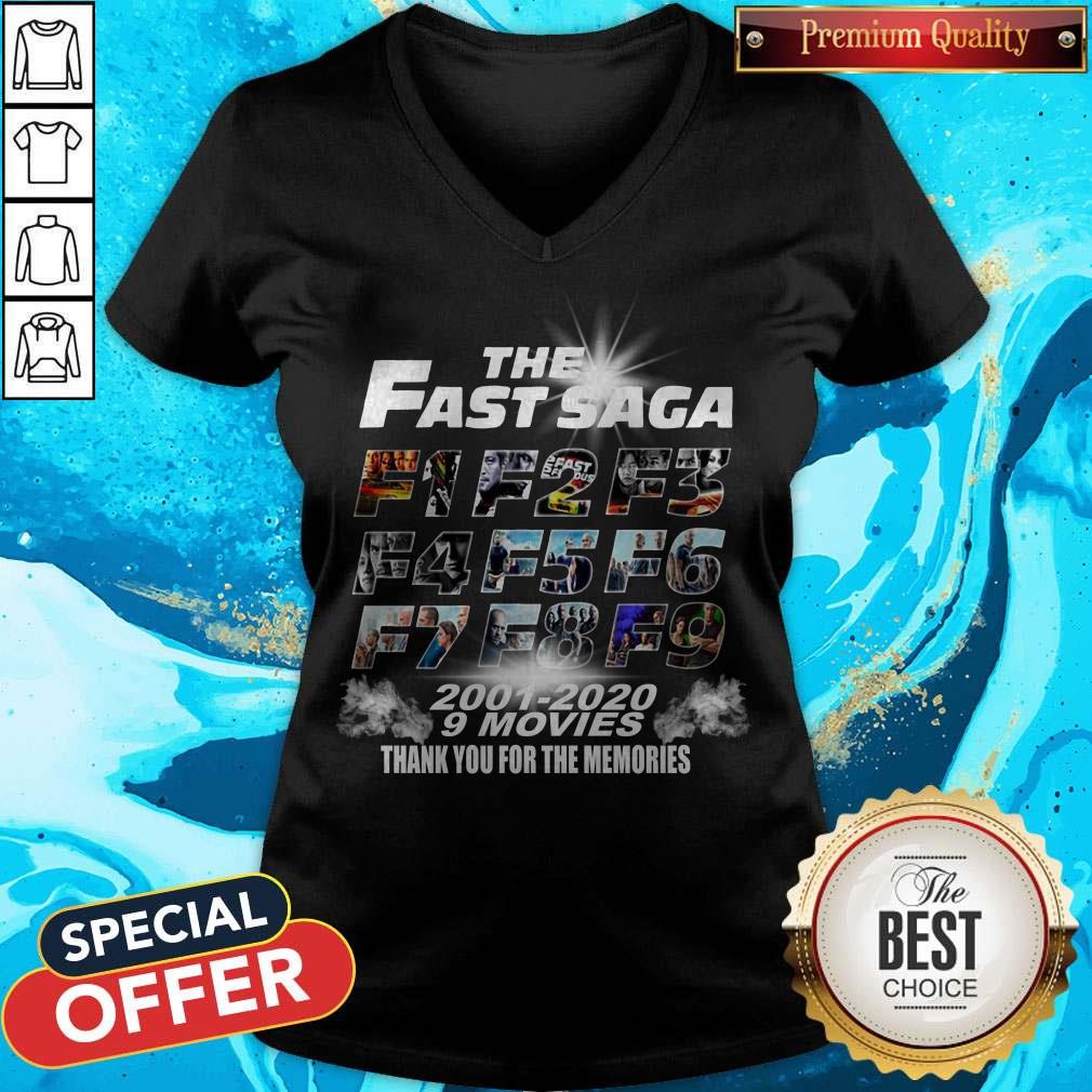 Awesome The Fast Saga F1 F2 F3 F4 F5 F6 F7 F8 F9 2001 2020 9 Movie Thank You For The Memories Shirt Awesome The Fast Saga F1 F2 F3 F4 F5 F6 F7 F8 F9 2001 2020 9 Movie Thank You For The Memories V-neck