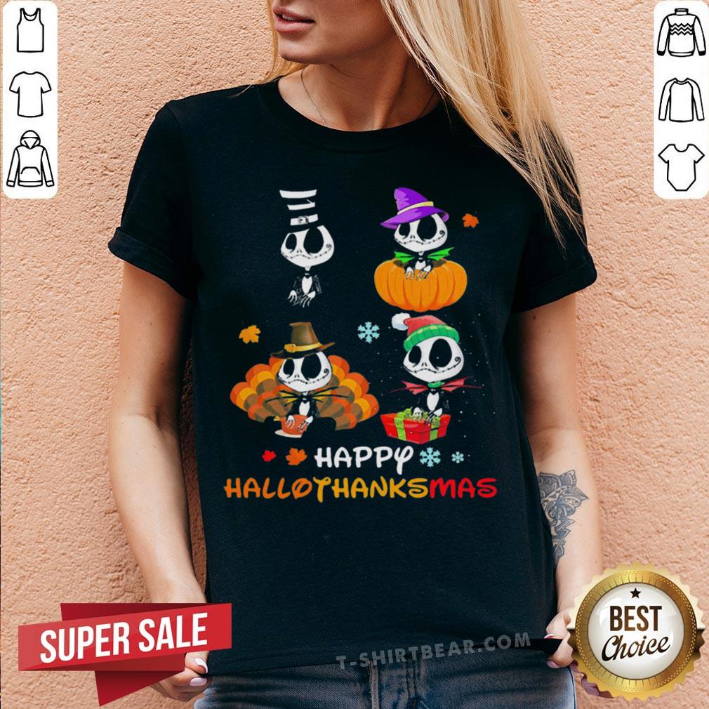 Cute Jack Skellington Happy Hallothanksmas Halloween Christmas V-neck - Design By T-shirtbear.com Cute Jack Skellington Happy Hallothanksmas Halloween Christmas V-neck - Design By T-shirtbear.com