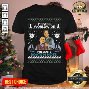 Prestige Worldwide Presents Boats N Hoes Ugly Christmas Shirt - Design by T-shirtBear.com