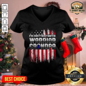 Awesome Colorectal Cancer Warrior Grandpa American Flag V-neck - Design By T-shirtbear.com