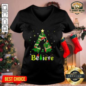 Bigfoot Believe Christmas Tree Merry Xmas V-neck - Design by T-shirtbear.com