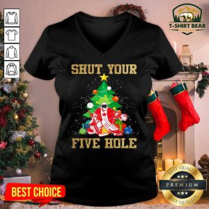 Shut Your Five Hole Ice Hockey Goalie Canadians V-neck - Design by T-shirtbear.com
