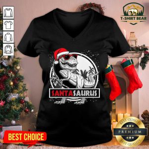 Santasaurus Dinosaur Christmas V-neck - Design by T-shirtbear.com