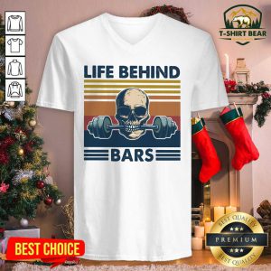 Life Behind Bars Skull Gym Vintage Retro V-neck - Design by T-shirtbear.com