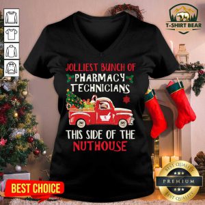 Jolliest Bunch Of Pharmacy Technician This Side Of Nuthouse Car Red Xmas V-neck - Design by T-shirtbear.com