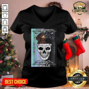 Dachshund And Skull Easily Distracted By Dogs And Skulls V-neck - Design by T-shirtbear.com