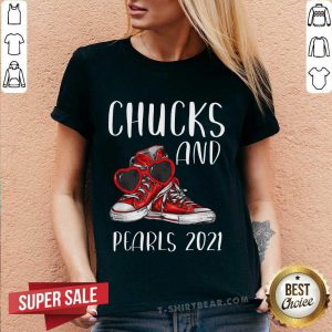 Cheated Red Chucks And Pearls Kamala Harris 2021 V-neck - Design by T-shirtbear.com