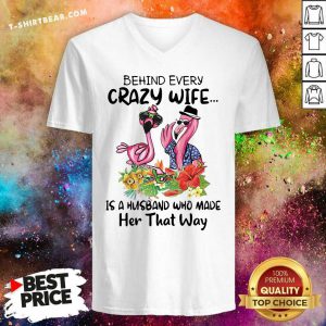 Disappointed Flamingos Behind Every Crazy Wife Is A Husband 5 Who Made Her That Way V-neck - Design by T-shirtbear.com
