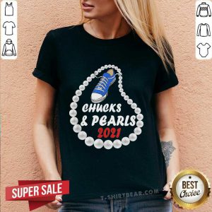 Emotional Kamala Harris Chucks And Pearls 2021 V-neck - Design by T-shirtbear.com
