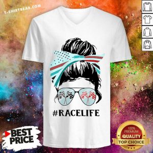 Auto Racing Life Messy Bun Girl V-neck - Design by T-shirtbear.com