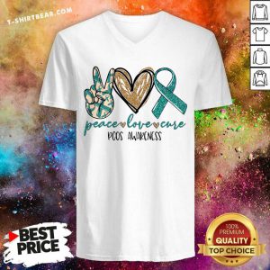 Colorful Peace Love Cure Pcos Awareness V-neck - Design by T-shirtbear.com