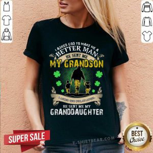 Asked For Better Man And Angel God Sent Me Grandson And Granddaughter V-neck - Design by T-shirtbear.com
