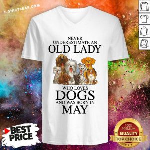 Never Underestimate A May Lady Who Loves Dogs V-neck - Design by T-shirtbear.com