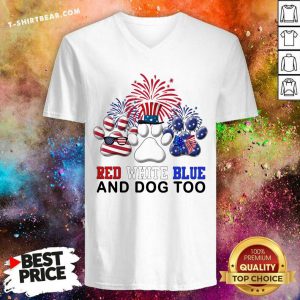 Red White Blue And Dog Too Paw American Flag V-neck - Design by T-shirtbear.com