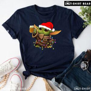 Baby Yoda With Santa Hat Drinking Beer for Christmas T-Shirt