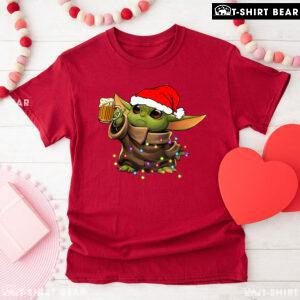 Baby Yoda With Santa Hat Drinking Beer for Christmas T-Shirt