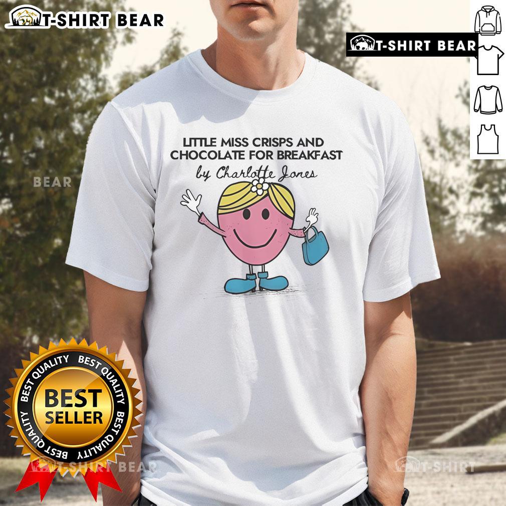 Official Little Miss Crisps and Chocolate for Breakfast by Charlotte Jones T-shirt featuring colorful graphic design.