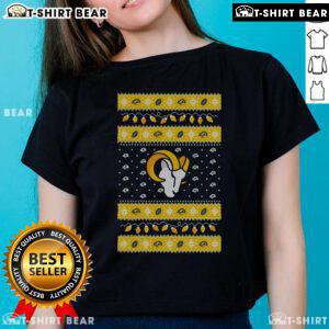 Official Los Angeles Rams holiday Christmas ladies tee featuring team logo and festive design for NFL fans.