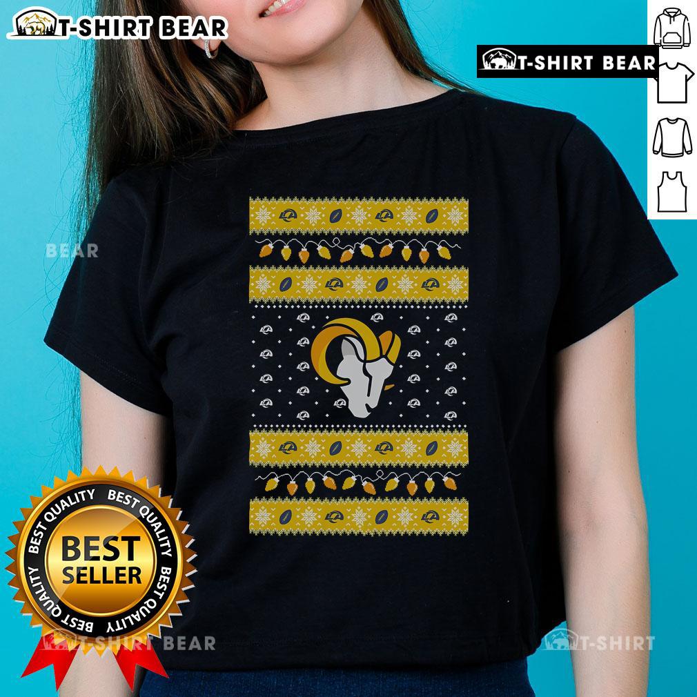 Official Los Angeles Rams holiday Christmas ladies tee featuring team logo and festive design for NFL fans.