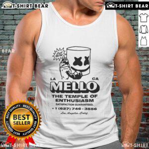 Alt Text: Official Marshmello Call Now tank top featuring 'The Temple Of Enthusiasm' design and satisfaction guarantee.