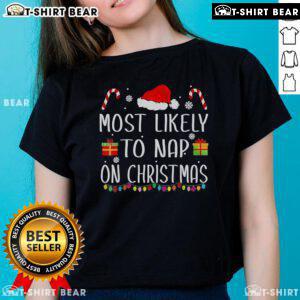Family matching Christmas ladies tee with 'Most Likely To Nap' design, perfect for festive holiday gatherings.