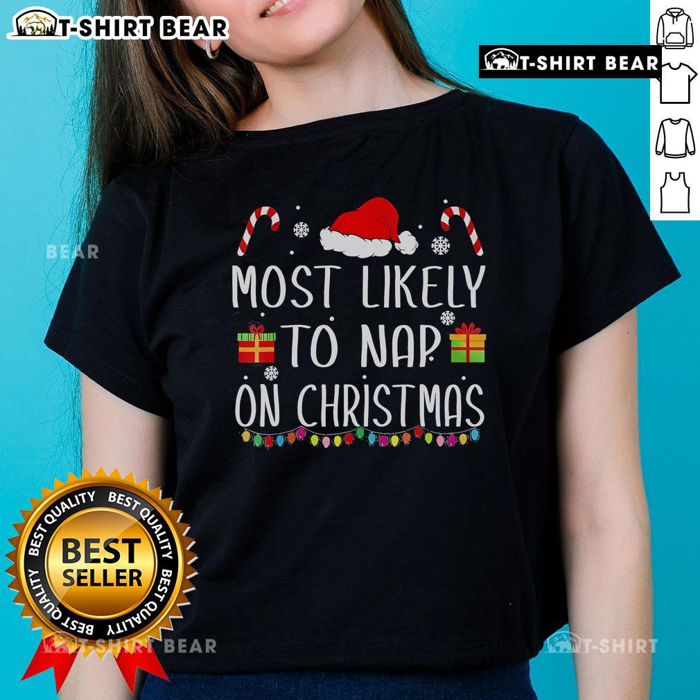 Family matching Christmas ladies tee with 'Most Likely To Nap' design, perfect for festive holiday gatherings.