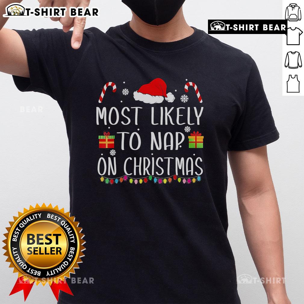 Family wearing matching Christmas T-shirts with 'Most Likely To Nap On Christmas' design, perfect for holiday gatherings.