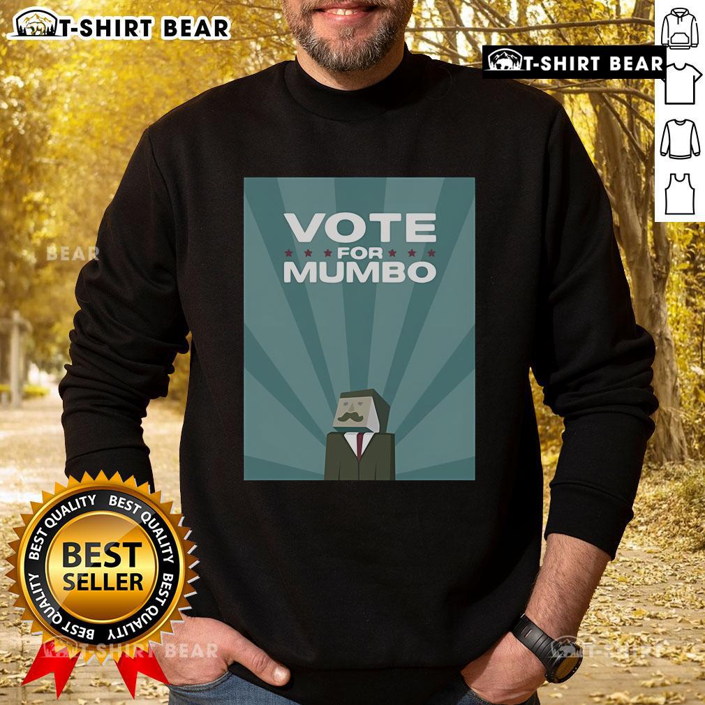 Alt Text: Official Mumbo Jumbo Season 7 Vote for Mumbo sweatshirt featuring vibrant graphics and comfortable design.