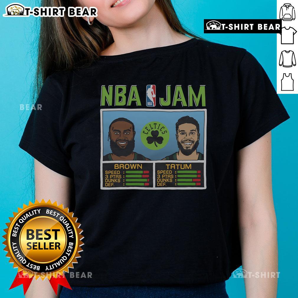 Official NBA Jam Celtics City Brown and Tatum Ladies Tee showcasing vibrant team graphics and stylish design.