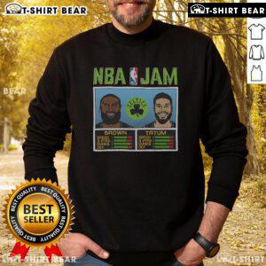 Official NBA Jam Celtics City sweatshirt featuring Brown and Tatum, perfect for fans showcasing team spirit.