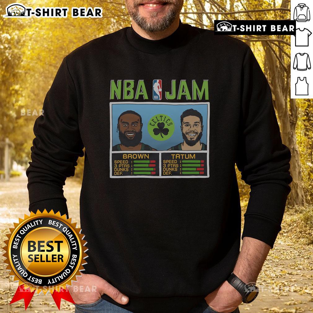 Official NBA Jam Celtics City sweatshirt featuring Brown and Tatum, perfect for fans showcasing team spirit.