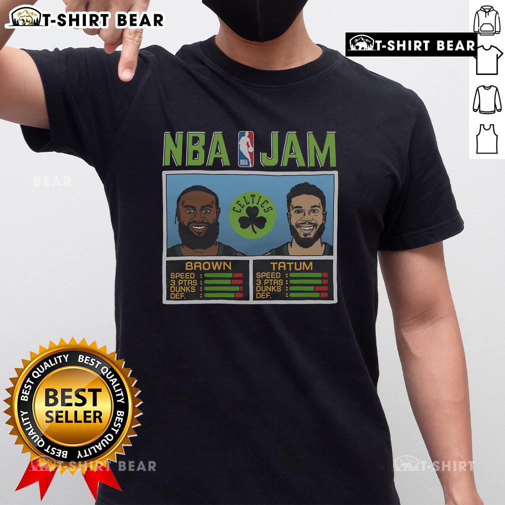 Official NBA Jam Celtics City Brown and Tatum T-Shirt featuring vibrant graphics of Celtics stars for fans.