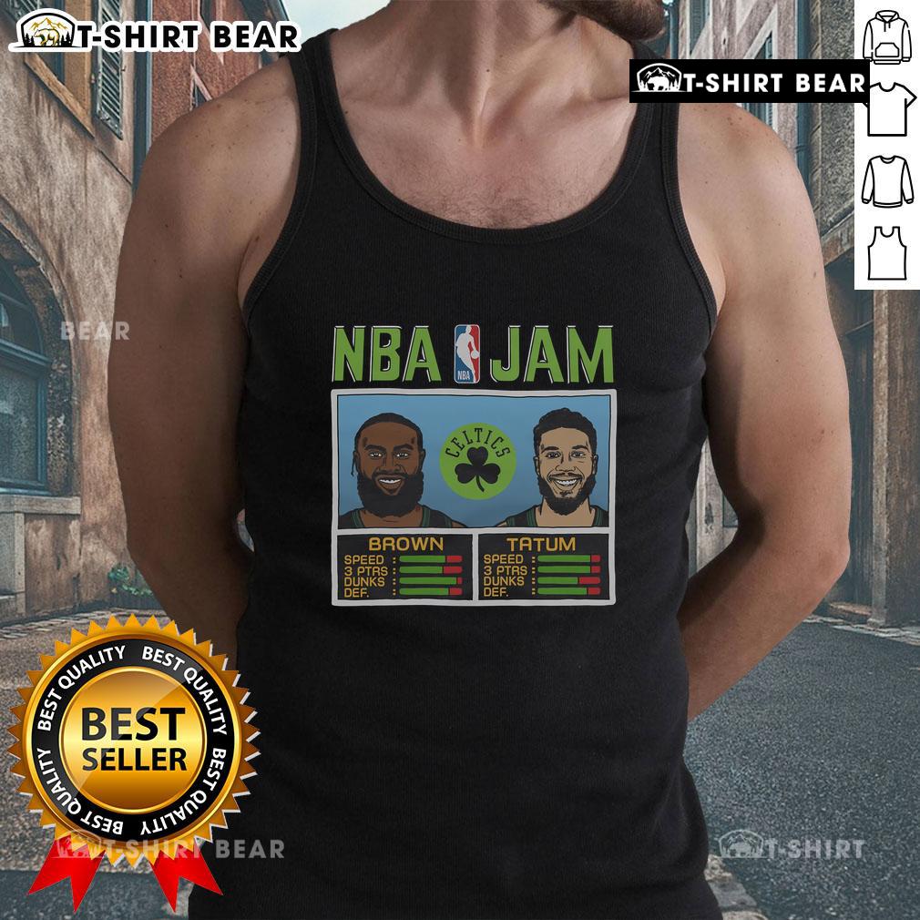 Official NBA Jam Celtics City Brown and Tatum tank top featuring vibrant team colors and iconic player graphics.