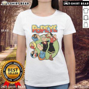 Official Popeye and Friends Ladies Tee featuring colorful graphics of Popeye, Olive Oyl, and Bluto on a stylish shirt.
