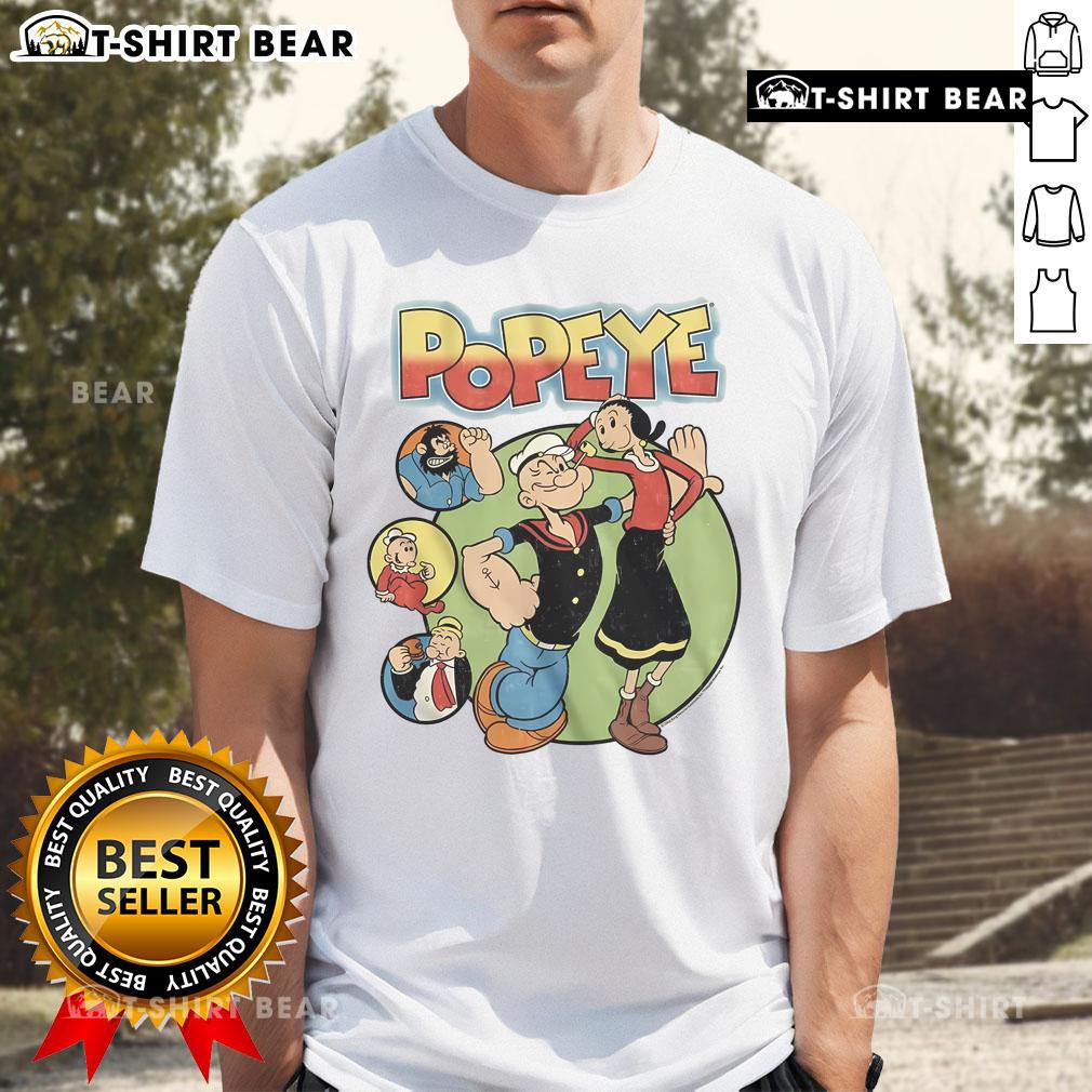 Official Popeye and Friends T-Shirt featuring iconic cartoon characters in vibrant colors on a casual style shirt.