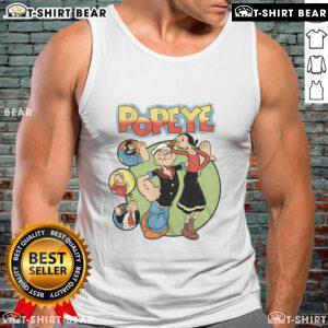 Official Popeye and Friends tank top featuring colorful graphics of Popeye, Olive Oyl, and Bluto, perfect for casual wear.