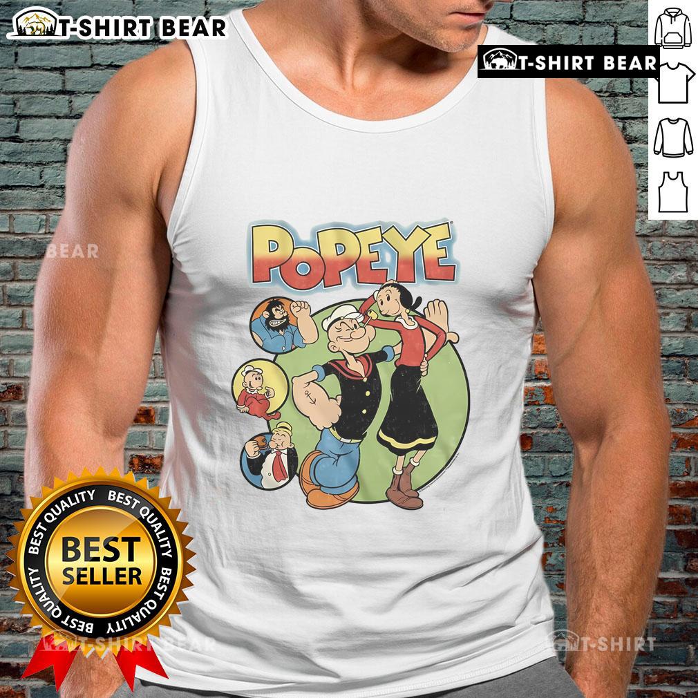 Official Popeye and Friends tank top featuring colorful graphics of Popeye, Olive Oyl, and Bluto, perfect for casual wear.
