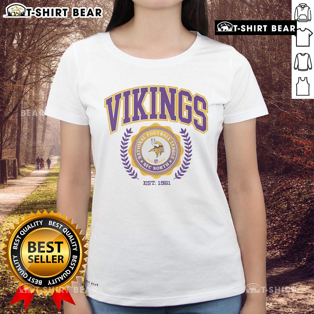 Premium Minnesota Vikings Team Crest Est 1961 Ladies Tee, showcasing the iconic Vikings logo on a stylish women's shirt.