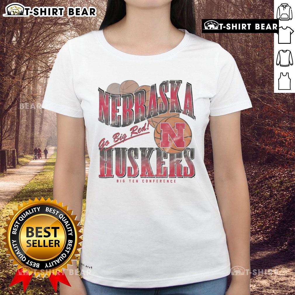 Alt Text: Premium Nebraska Cornhuskers Baller Bounce Ladies Tee featuring vibrant team colors and comfortable fit for fans.