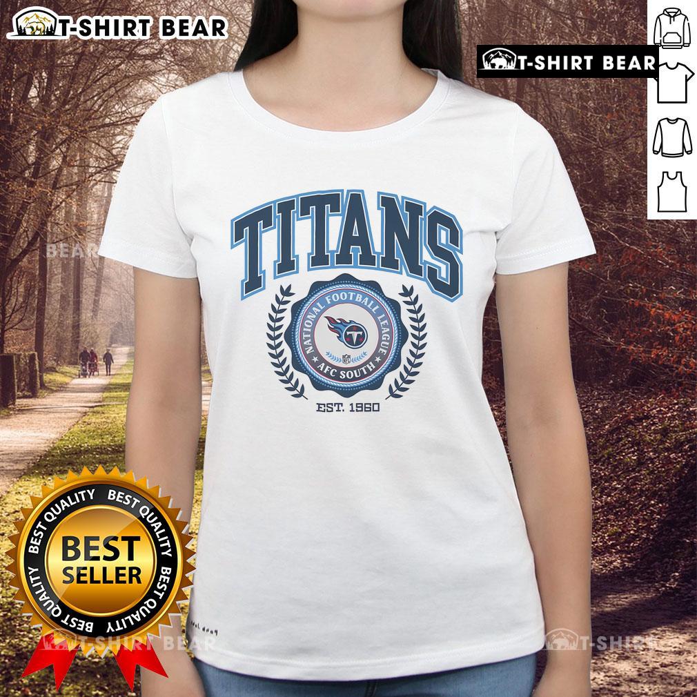 Premium Tennessee Titans team crest tee for ladies, established 1960, featuring bold colors and stylish design.