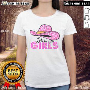 Pretty leopard cowboy hat with 'Let's Go Cowgirls' text on a country ladies tee, perfect for Western style outfits.