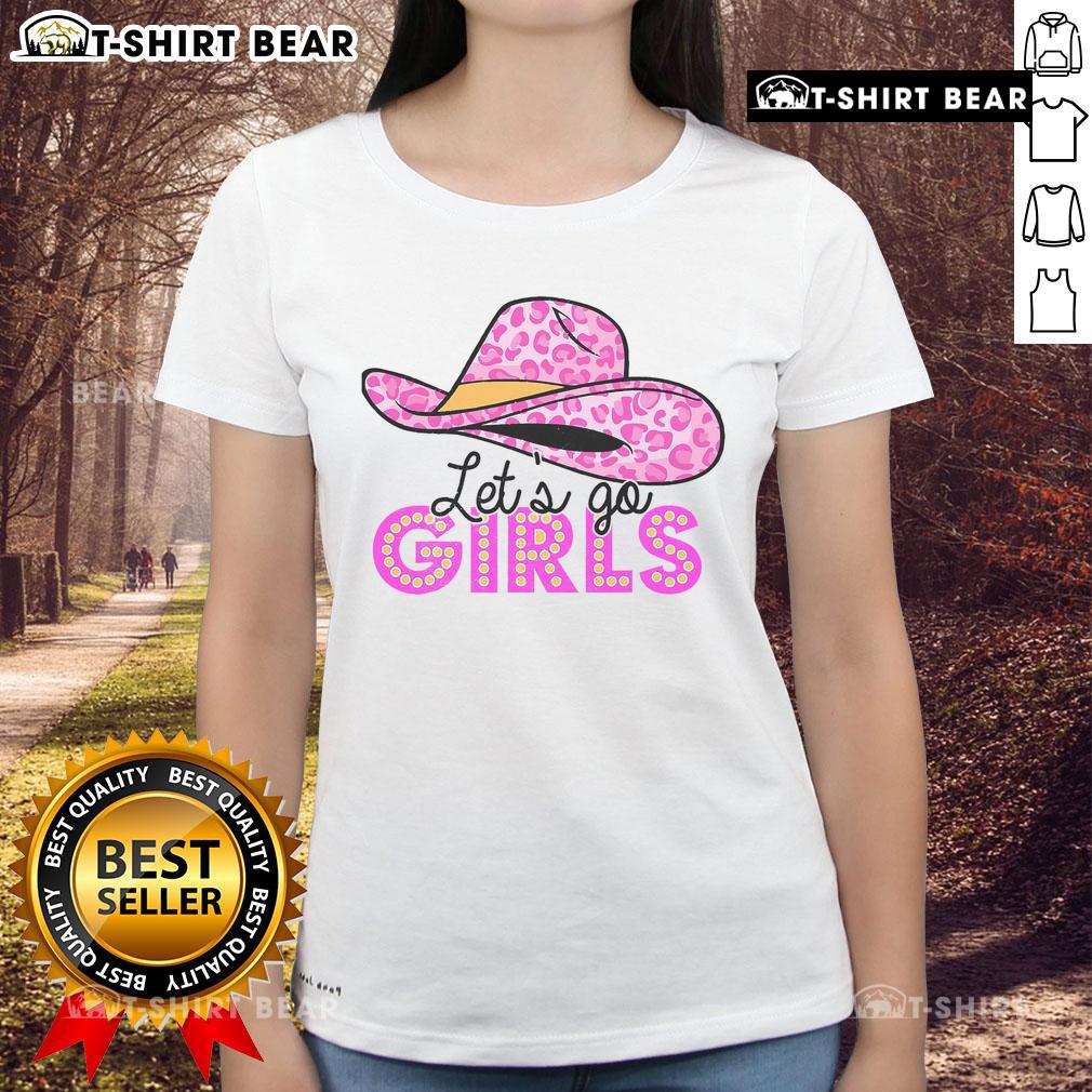 Pretty leopard cowboy hat with 'Let's Go Cowgirls' text on a country ladies tee, perfect for Western style outfits.