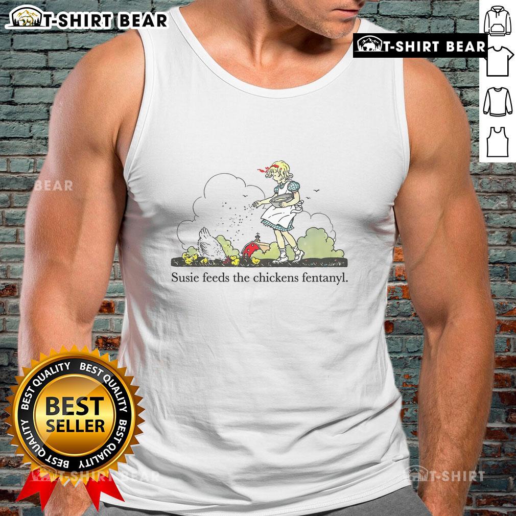 Pretty Susie wearing a Fentanyl tank top while feeding chickens in a sunny backyard setting.