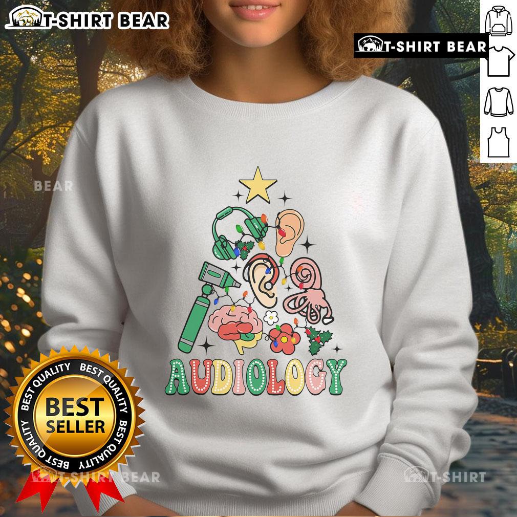 Festive sweatshirt for audiologists featuring a Christmas tree design, perfect for audiology and vestibular therapists.