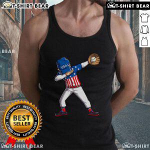 Top dabbing baseball player in USA flag tank top celebrating 4th of July with a fun pose and festive background.